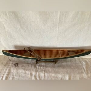 Detailed Vintage Handmade 27” Wooden Canoe Model Paddles Cane Seats Circa 1980s